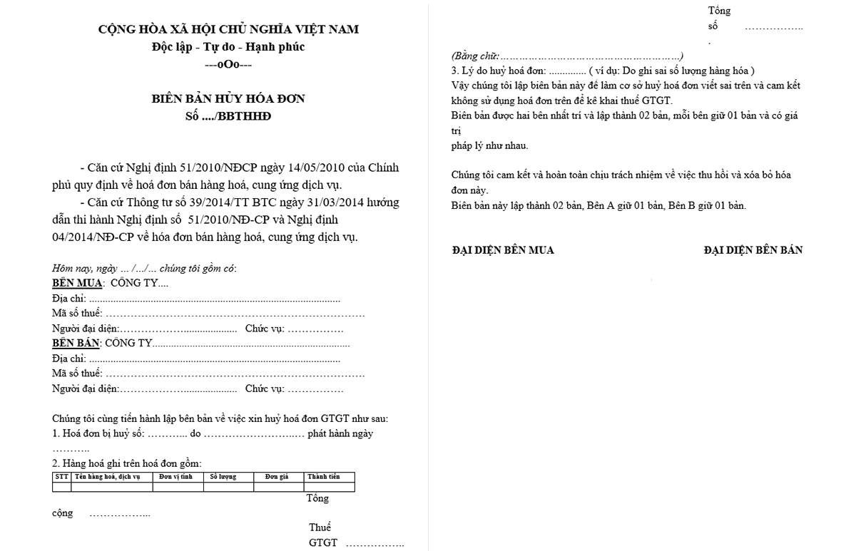 Mẫu biên bản hủy hóa đơn hiện nay.
