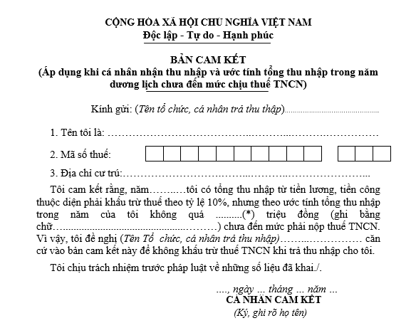 Mẫu bản cam kết thuế TNCN